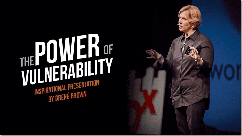 Brené Brown speaking on stage at a TEDx event with a side graphic overlay that reads The Power of Vulnerability, Inspirational Presentation by Brené Brown.