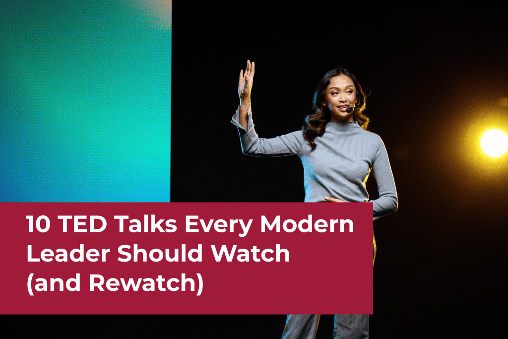 A speaker giving a leadership talk with text on "10 TED Talks for Modern Leaders."