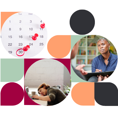 A collage featuring a busy calendar with red pins and stressed employees, illustrating the subtle signs of a team alignment gap such as shifting priorities and decision-making delays.