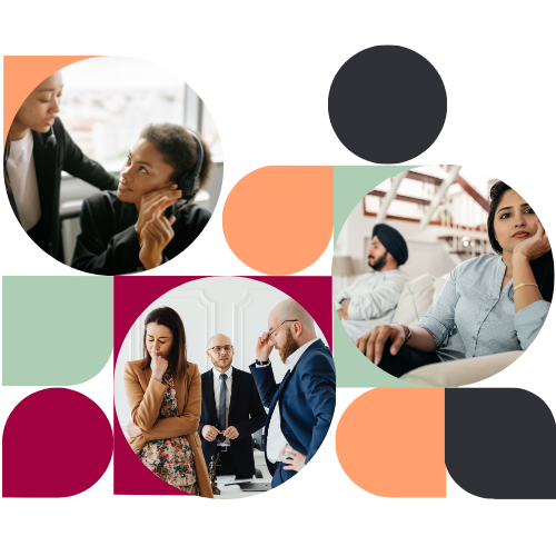 A collage of workplace interactions showing signs of hesitation, over-politeness, and hidden tension, illustrating the 'Culture of Flinching' where team members hold back from honest feedback.