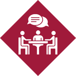 Icon showing a group discussion with a speech bubble, representing a culture where feedback is a regular, non-threatening part of the workflow.