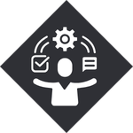 Icon of a person surrounded by gears and checkmarks, representing clearly defined roles and accountability for project outcomes.