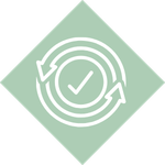 Icon of a checkmark within a circular arrow, representing a team that delivers high-quality work consistently without the need for constant "crunch time" pressure.