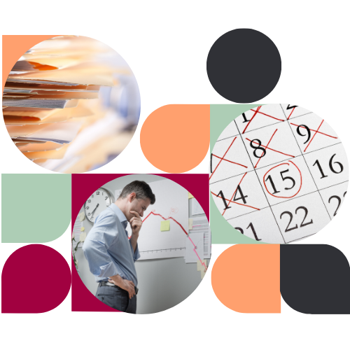 A collage featuring a pensive manager looking at a downward trend graph, overflowing files, and a marked calendar, symbolizing the "Impact Block" where high activity fails to yield visible results.