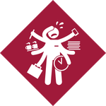 A multi-armed, stressed stick figure multitasking by holding a phone, papers, coffee cups, and a clock, representing high employee workload.