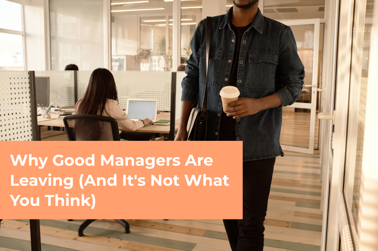 An article banner titled "Why Good Managers Are Leaving (And It's Not What You Think)" features a modern office environment with light wood floors. In the foreground, a man in a denim button-down shirt over a black t-shirt walks out of the office doorway, carrying a shoulder bag and holding a disposable coffee cup (his head is cropped out of the frame). In the background, a colleague with long dark hair sits at a cubicle desk working on a laptop.