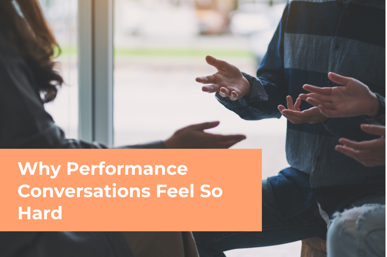 A manager and employee having an intense discussion, featuring text that asks why performance conversations feel so hard