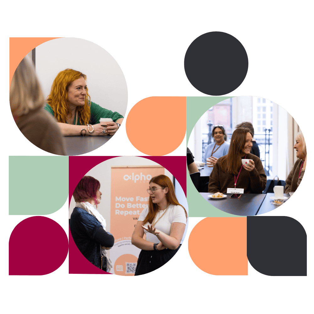 A dynamic geometric collage showcasing Alpha Lupa team interaction, workshops, and business discussions.