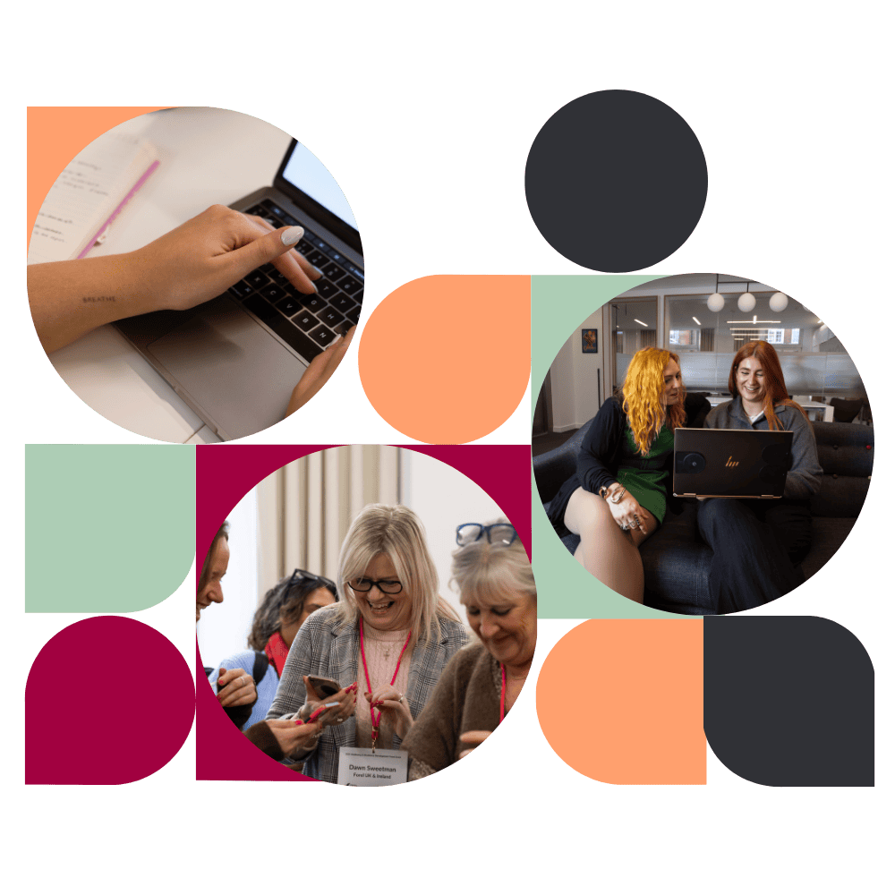 Geometric graphic collage showing Alpha Lupa team members working on laptops and networking, featured on the Join the Pack sign-up page